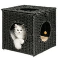 thumbnail image 5 of Pefilos 15.7" Square Cat Condo, Wicker Kitten House Rattan Cave Cat Bed with Rattan Ball and Cushion, Black, 5 of 9
