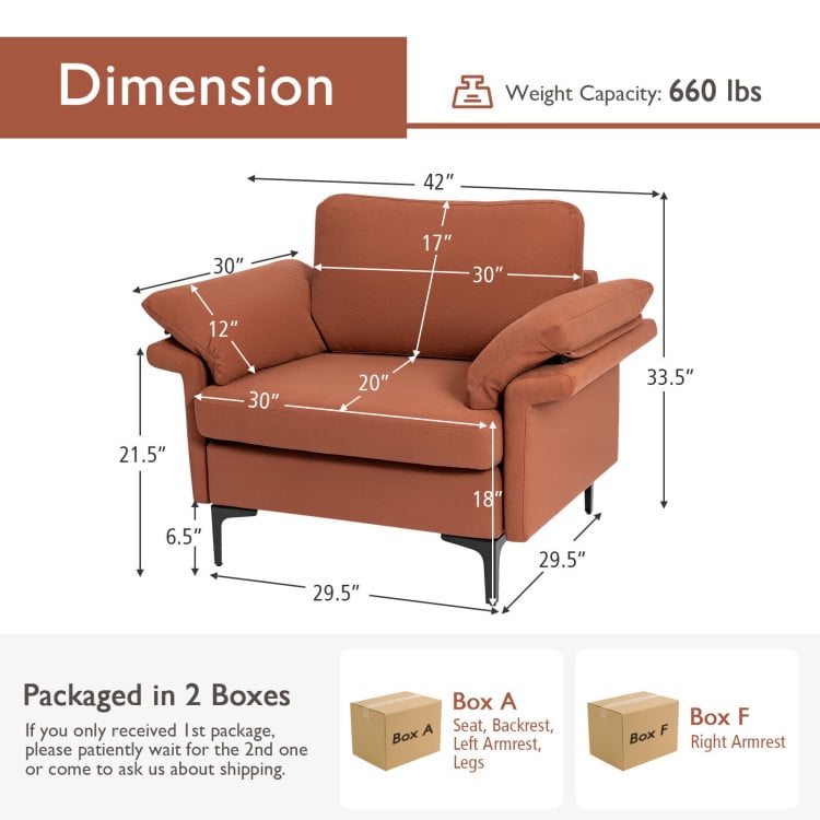 Finihen Upholstered Accent Armchair, Modern Fabric Accent Armchair with Original Distributed Spring and Armrest Cushions, for Living Room, Bedroom, Rust Red