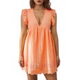 thumbnail image 2 of VISgogo, vestido informal para mujer, verano, cuello en V, manga volante, encaje, Jacquard, Color sólido, vestidos sueltos con pantalones cortos forrados VISgogo moda, 2 of 9