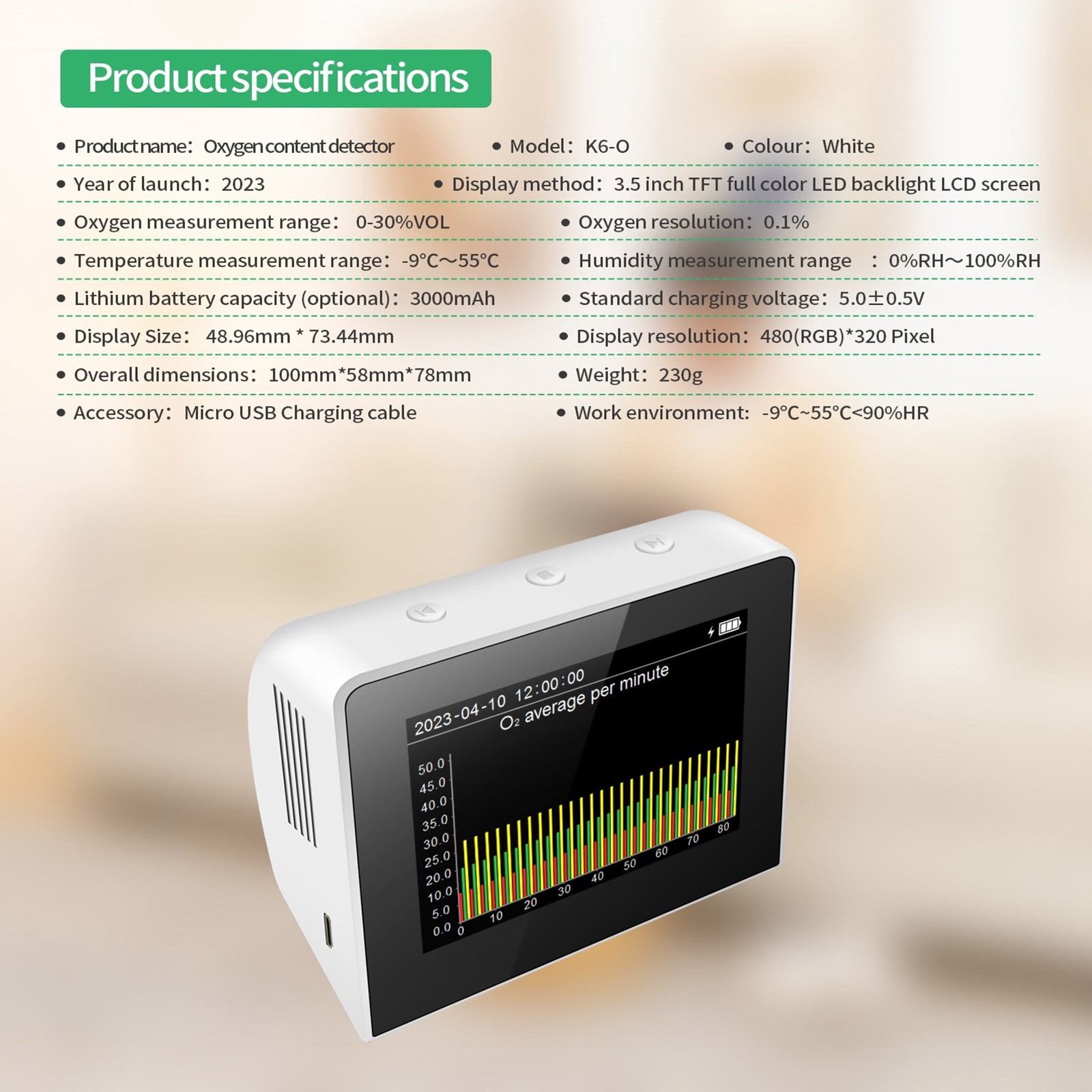FEAMOS Handheld O2 Concentration Detector Air Monitors Temperature Humidity Detection For Indoor Environment