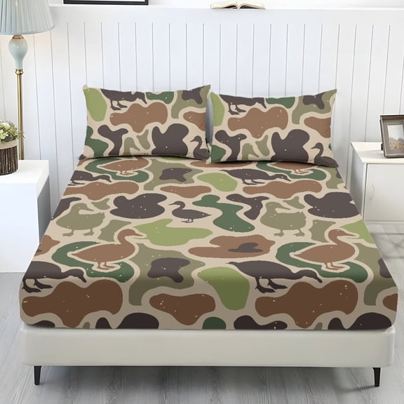 Aplkyhs Camouflage Duck Hunting Bedding Set Bohemian Fitted Sheet Set with Pillowcase for Kids Adult Bedroom Decor Coolin Bedding Cover Hotel Decor