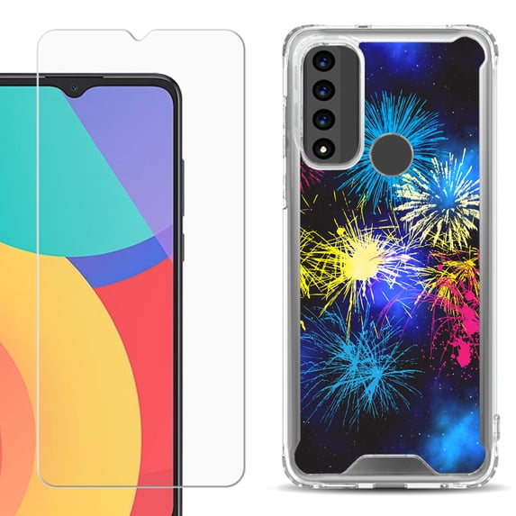 Shockproof Bumper Phone Case for TCL 20 XE, with Tempered Glass Screen Protector, by OneToughShield ® - Fireworks