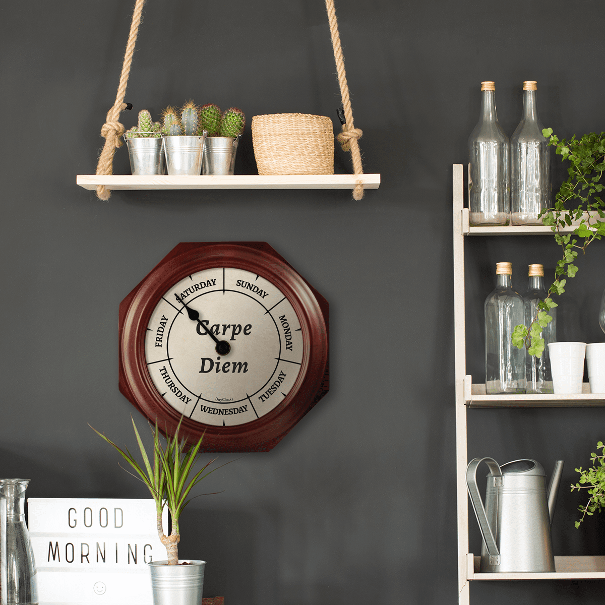 DayClocks "Carpe Diem" Day-of-the-Week Wall Clock with 10" Mahogany Wood Frame