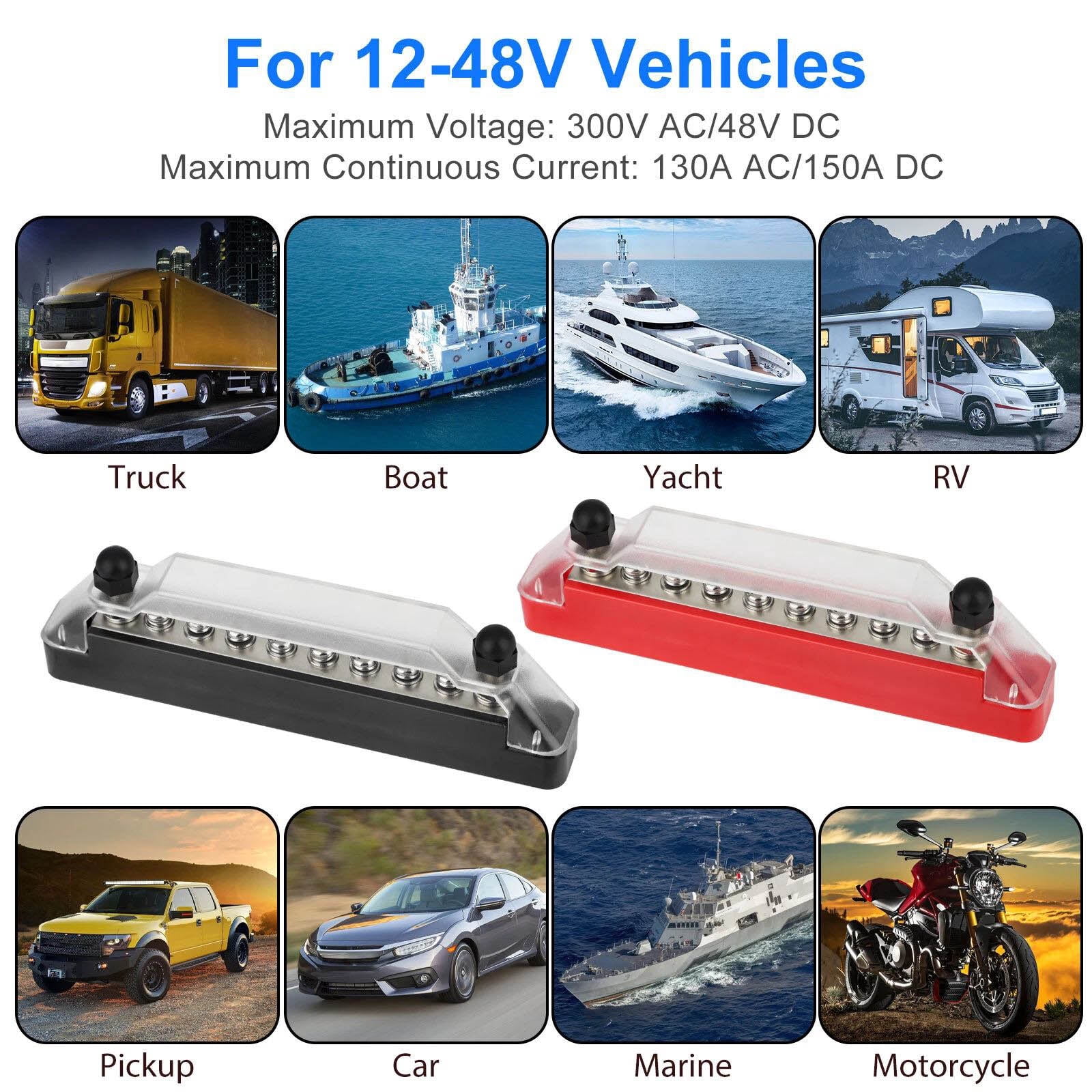 GUYUTING Power Distribution Bus Bar Terminal Block Kit 12V Red Black 130A 150A 300V 48V for Automotive Marine RV Truck Boat Wiring