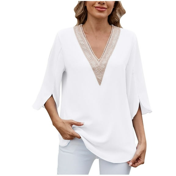 Lovskoo Women's Fashion Summer Tops Casual Solid Color V-Neck Lace Patchwork Chiffon Shirt Sleeve Loose Top White