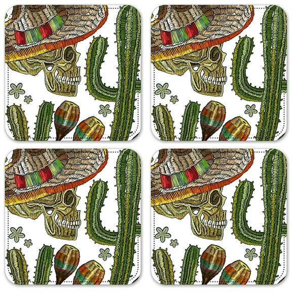 Vinyl Drink Coasters - Set of 4 - Skulls & Cactus White Background