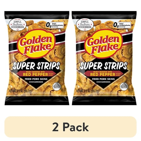 (2 pack) Golden Flake Super Strips Red Pepper Fried Pork Skins, 3.5 oz Bag