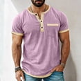 thumbnail image 2 of hlysgo Henley Shirts for Men Big and Tall Color Block Short Sleeve Linen Men Shirt with Chest Pocket Summer Casual 3 Button Henley T-shirts Purple,Size XXXXL, 2 of 6