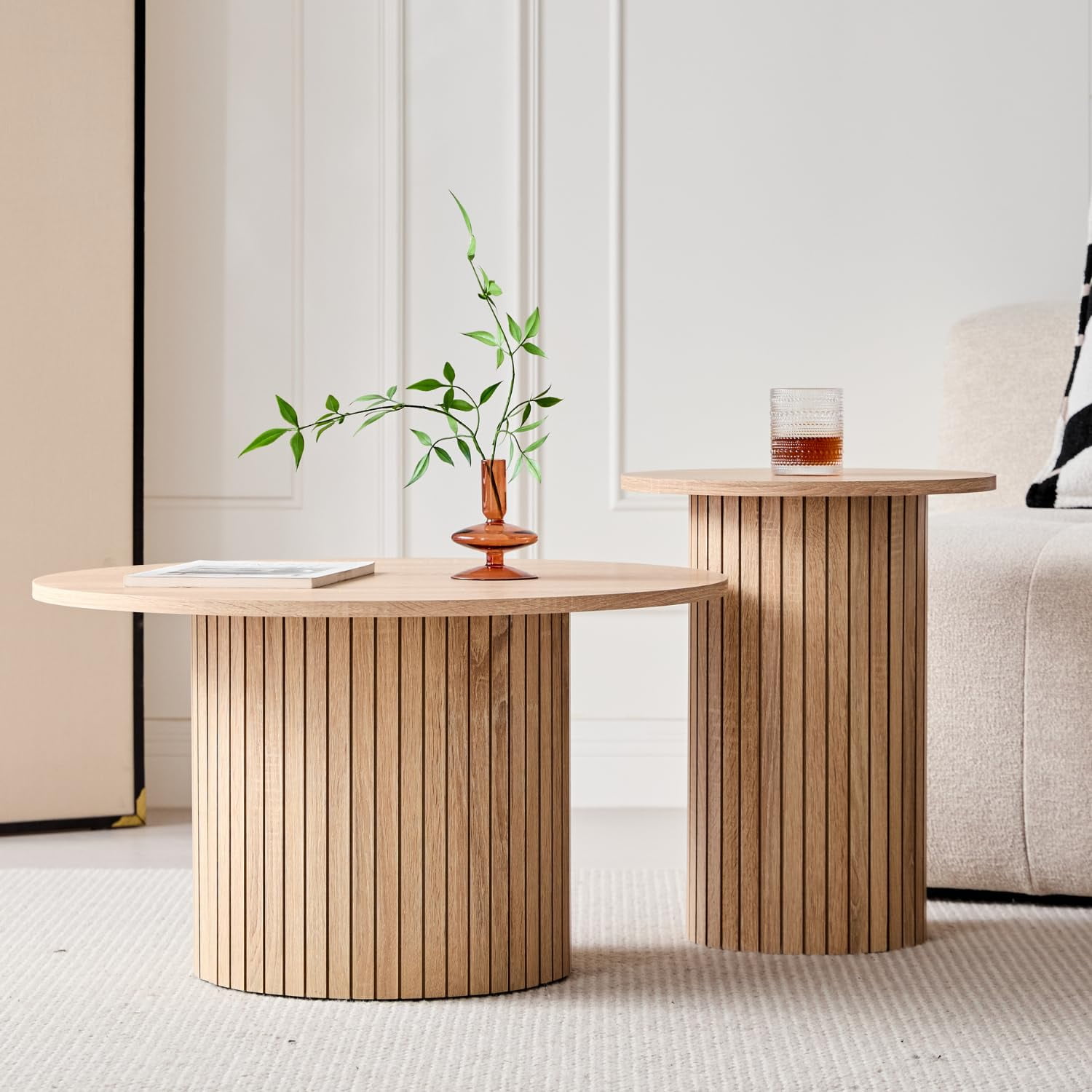 Round Nesting Coffee Tables Set of 2, Boho Wood Circle Side Table Fluted Drum, Farmhouse End Table for Living Room Bedroom, Apartment(Natural)