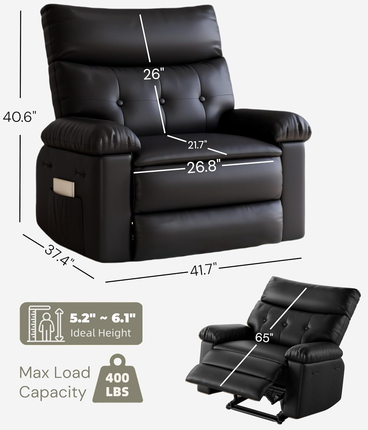 Oversized Wide Recliner Chair - Heat and Massage, PU Leather Extra Wide Manual Recliner for Adults, Large Lazy Chair with 1.5X Sponge Comfort Arm and Back for Living Room, Bedroom