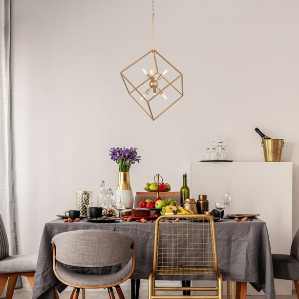LNC 6 Light Matte Gold Geometric Cube Suptnik Chandelier Modern