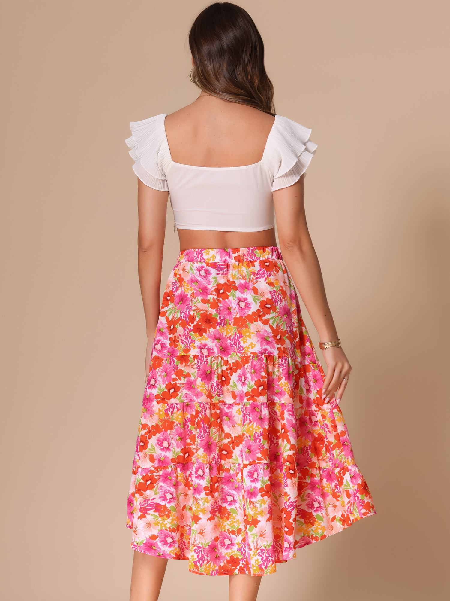 DARING DIVA Women's Boho Floral High Low Hem Elastic High Waist Midi Skirt M