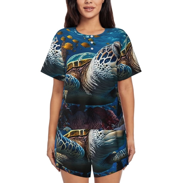 Fotbe Ocean Coral Turtle Conjunto de Pijama Estampado para Mujer, 2 Piezas, Ropa de Dormir con Camiseta de Manga Corta y Shorts Suaves-4X-Large