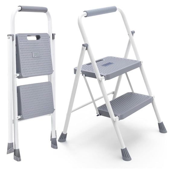 Casabay 2-Step Ladder with Anti-Slip Pedal, Foldable Step Stool with Solid Triangular Structure & 800 Lbs Sturdy Steel Ladder for Home, Kitchen, Garage, Grey