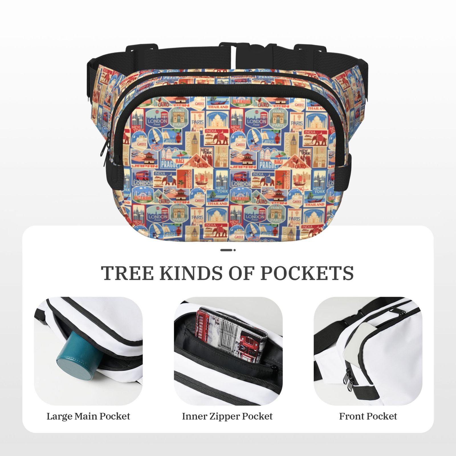 Picia Set Of Travel Vintage Print Square Double-Layer Waist Bag Mini Adjustable Waist Belt Bag Exercise Running Travel Hiking