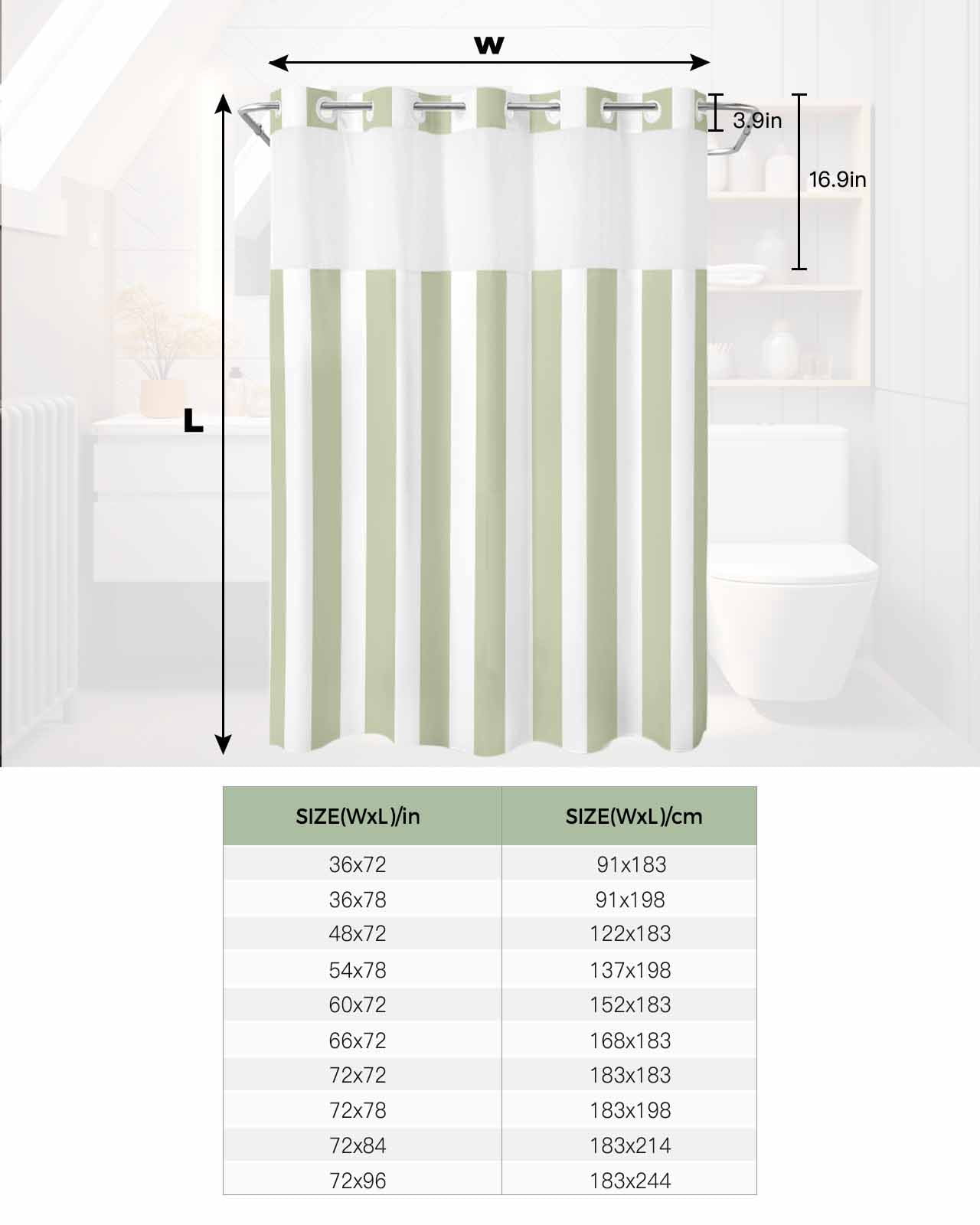 No Hook Shower Curtain with Snap in Liner, Sage Green and White Striped Geometric Hotel Shower Curtains for Bathroom, Washable Shower Curtain Liner Set with Mesh Top Window, 54"x78"