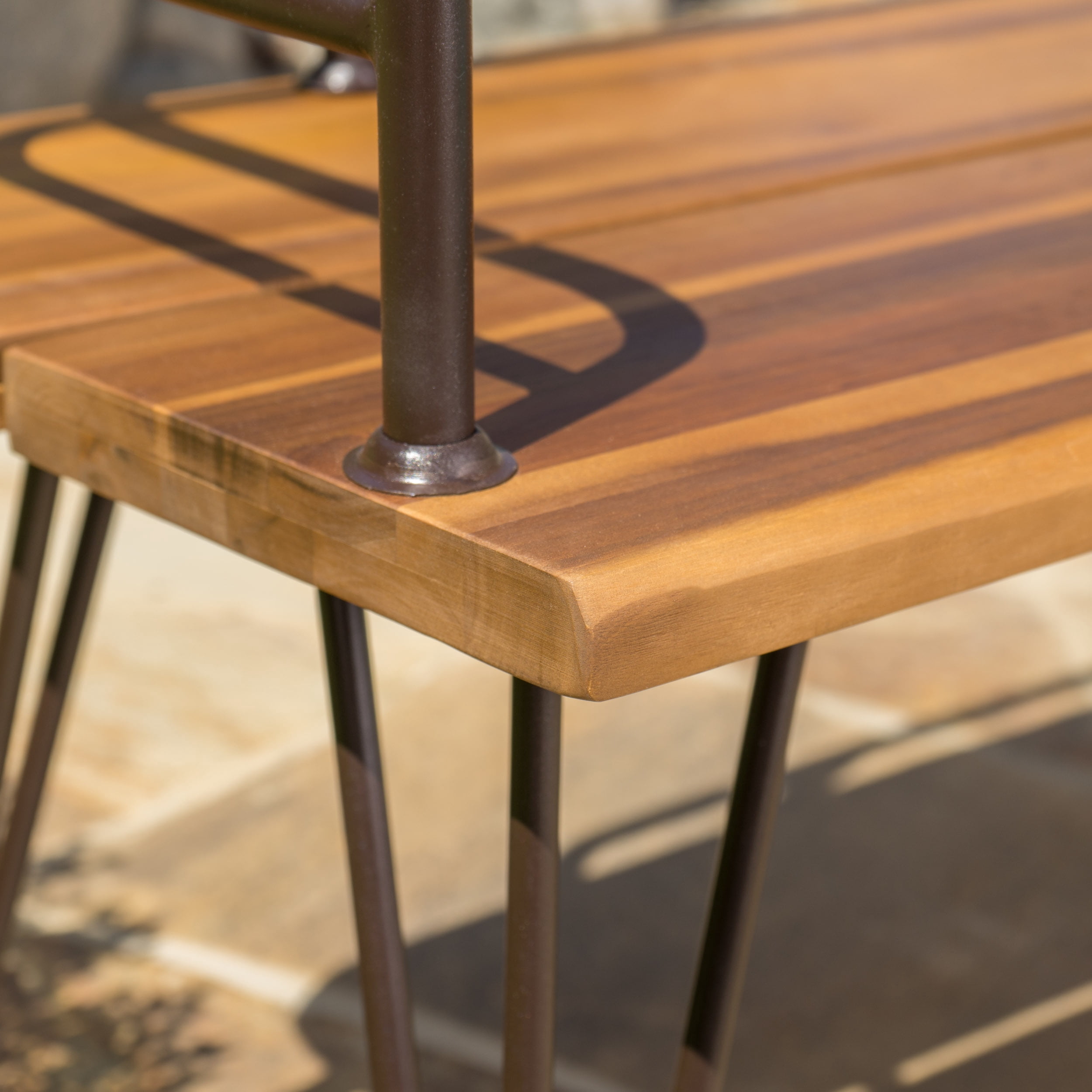 Euroco Rustic Acacia Wood Outdoor Bench with Powder-Coated Iron Frame, Patio Garden Seating