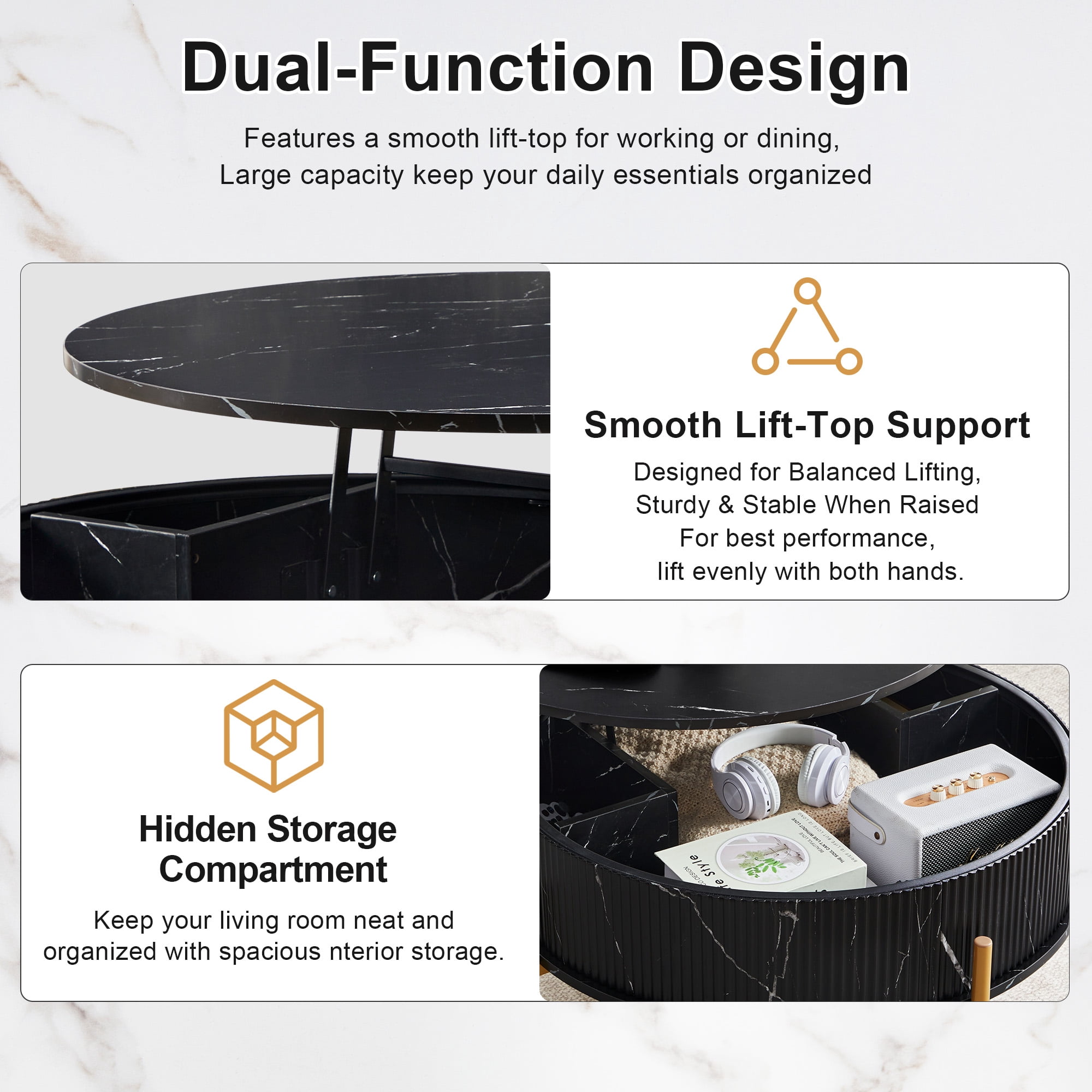 YOCWO 31.5" Lift Top Coffee Table for Living Room with Wave Base, Mordern MDF Round Coffee Table for Apartment Small Space with Marble Veneer Finish, Black