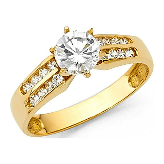 CZ Round Engagement Ring 14k Yellow Gold Anniversary Solitaire CZ Ring Bridal Band Side Stones Size 7
