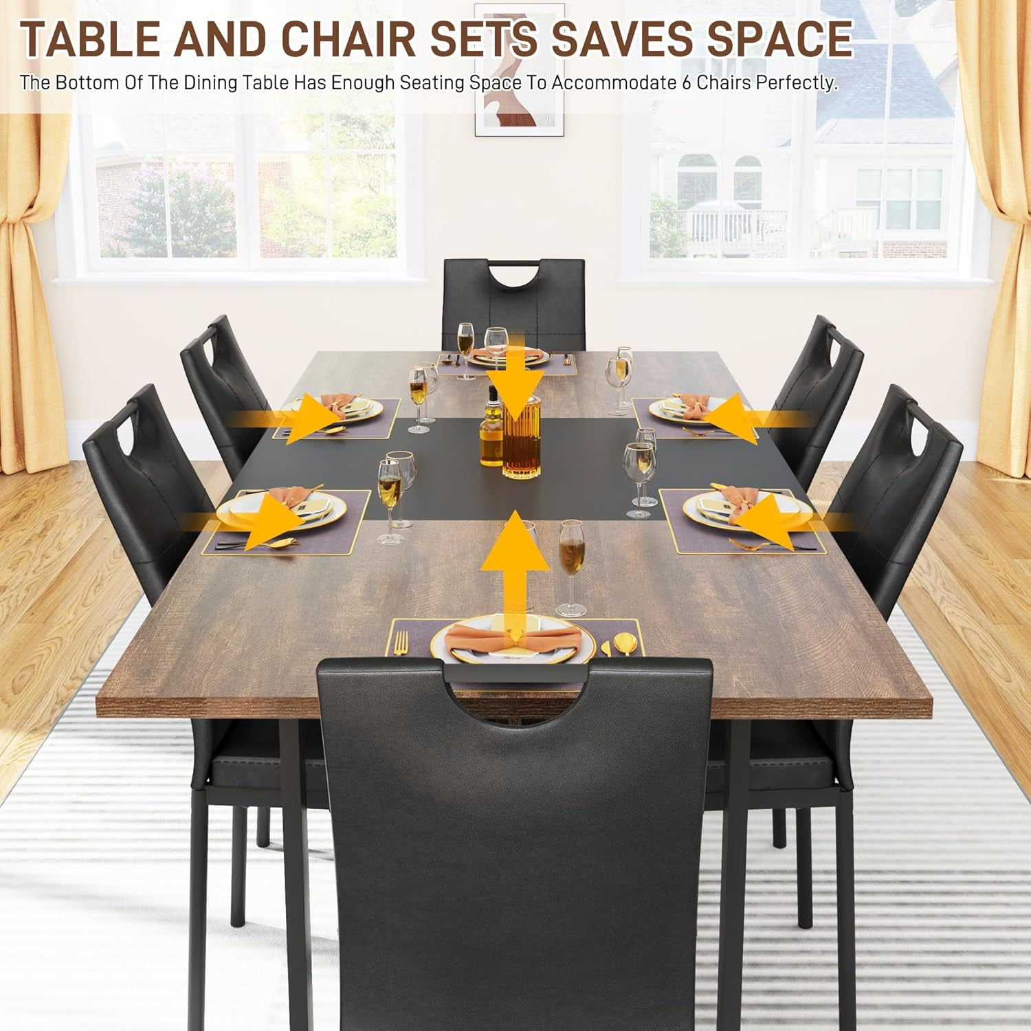 ChVans 7 Pcs Dining Table Set for 4-6 People with Chairs,70" Kitchen Dinner Table W/Waterpoof Wooden Tabletop,6 PCS Upholstered PU Chairs,Rectangular Wood Tables W/Adjustable Leg for Home Dining Room
