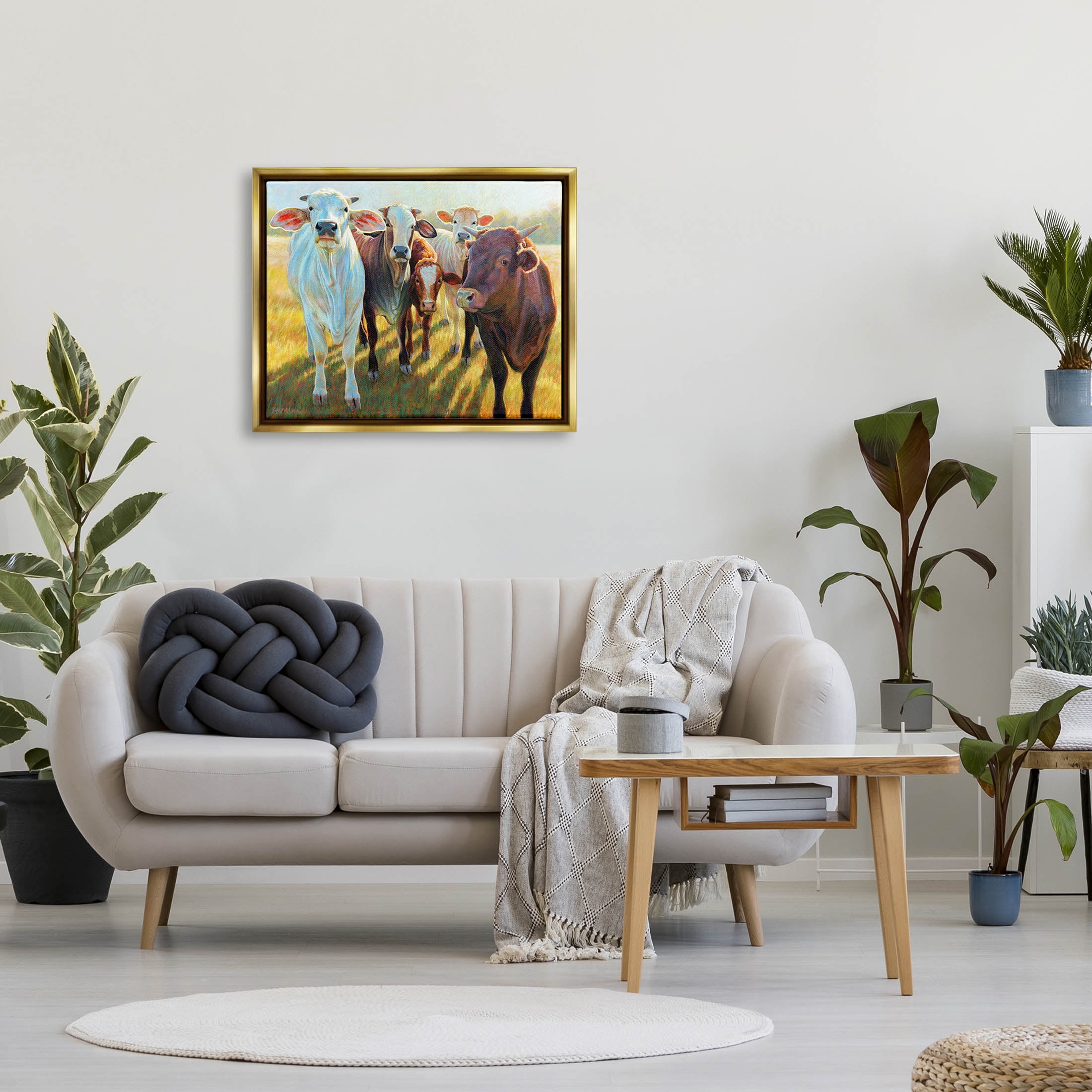 Various Cattle Sunny Farmland Field Animals & Insects Painting Metallic Gold Framed Art Print Wall Art