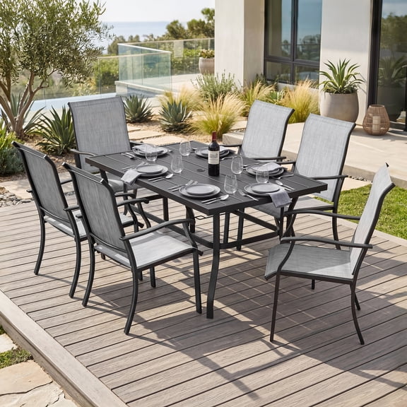 Nuu Garden 7-Piece Outdoor Dining Set with Umbrella Hole, Rectangular Metal Splicing Table and Breathable Textilene Chairs, All-Weather Patio Furniture Set, Gray and Black