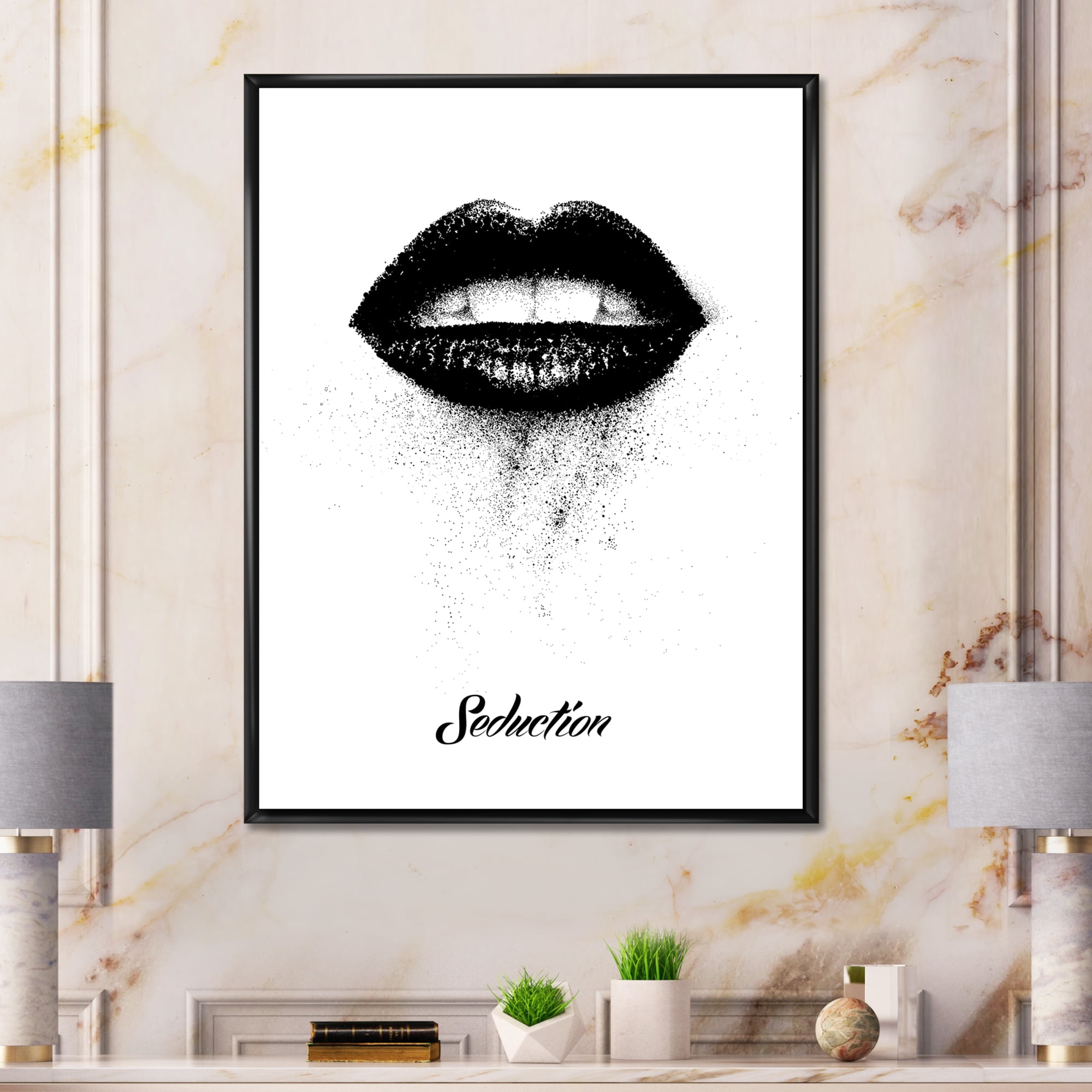 Designart 'Monochrome Black Female Lips' Modern Framed Canvas Wall Art Print