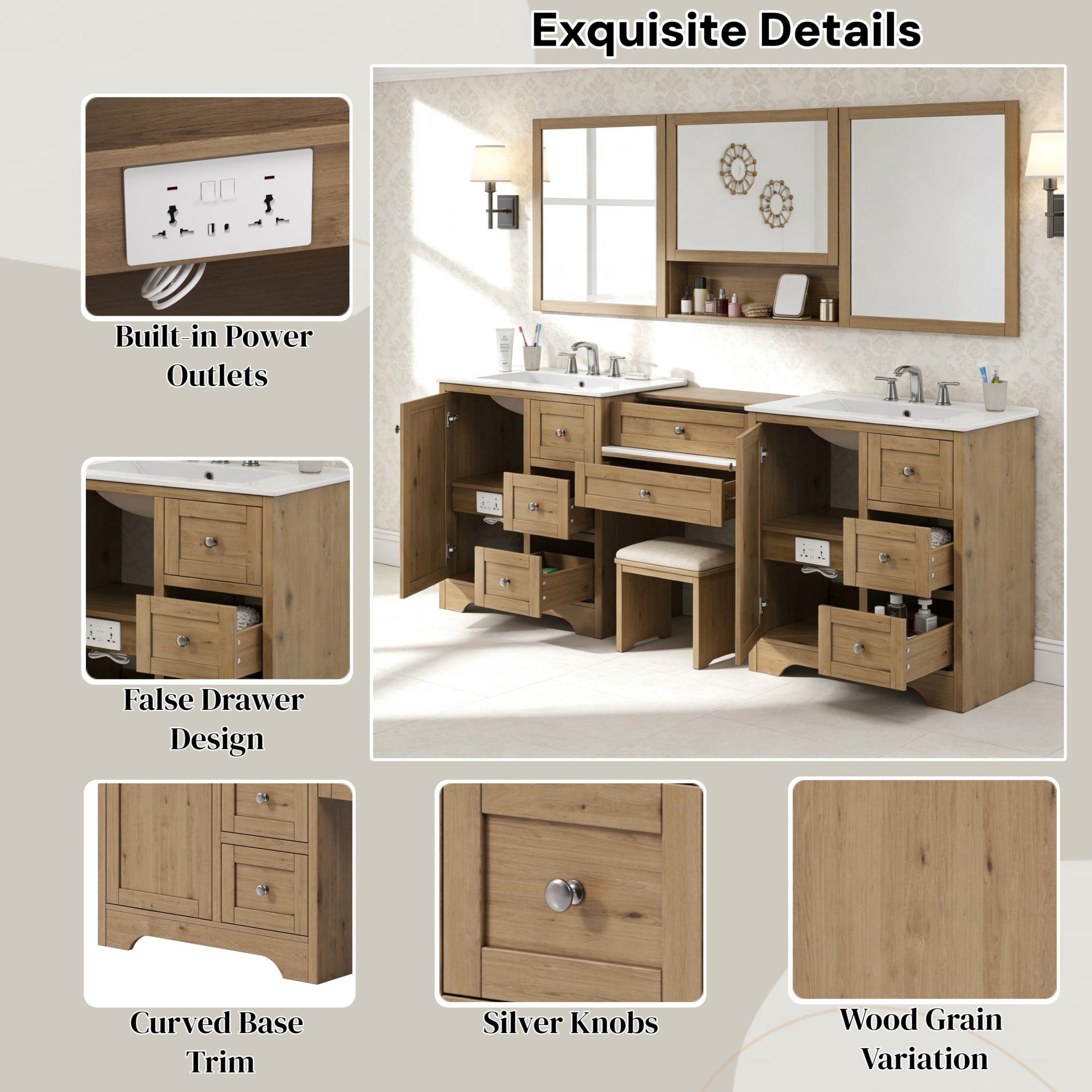 Christopher Knight Home 84" Large Double Sink Bathroom Vanity with Drawers Soft-Close Storage Cabinet, Wood