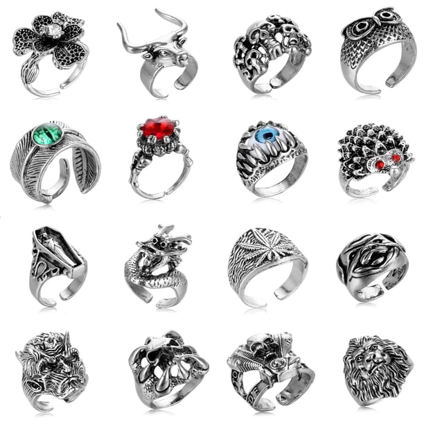 Juego de 16 anillos góticos punk de plata para hombres y mujeres, con diseño de rana, serpiente, mariposa, araña, ojo de animal, ajustable, estilo gótico, apilables.