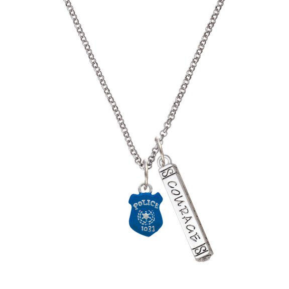 Delight Jewelry Silvertone Blue Policeman's Badge Silvertone Courage Strength Wisdom Honesty Bar Charm Necklace, 23"