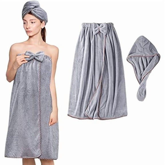 Fu997 Women Bath Wrap Hair Towel - Adjustable Luxury Microfiber Soft Towels for Shower After Body Cover, Super Absorbent to Quick Drying Hair and Body, Grey