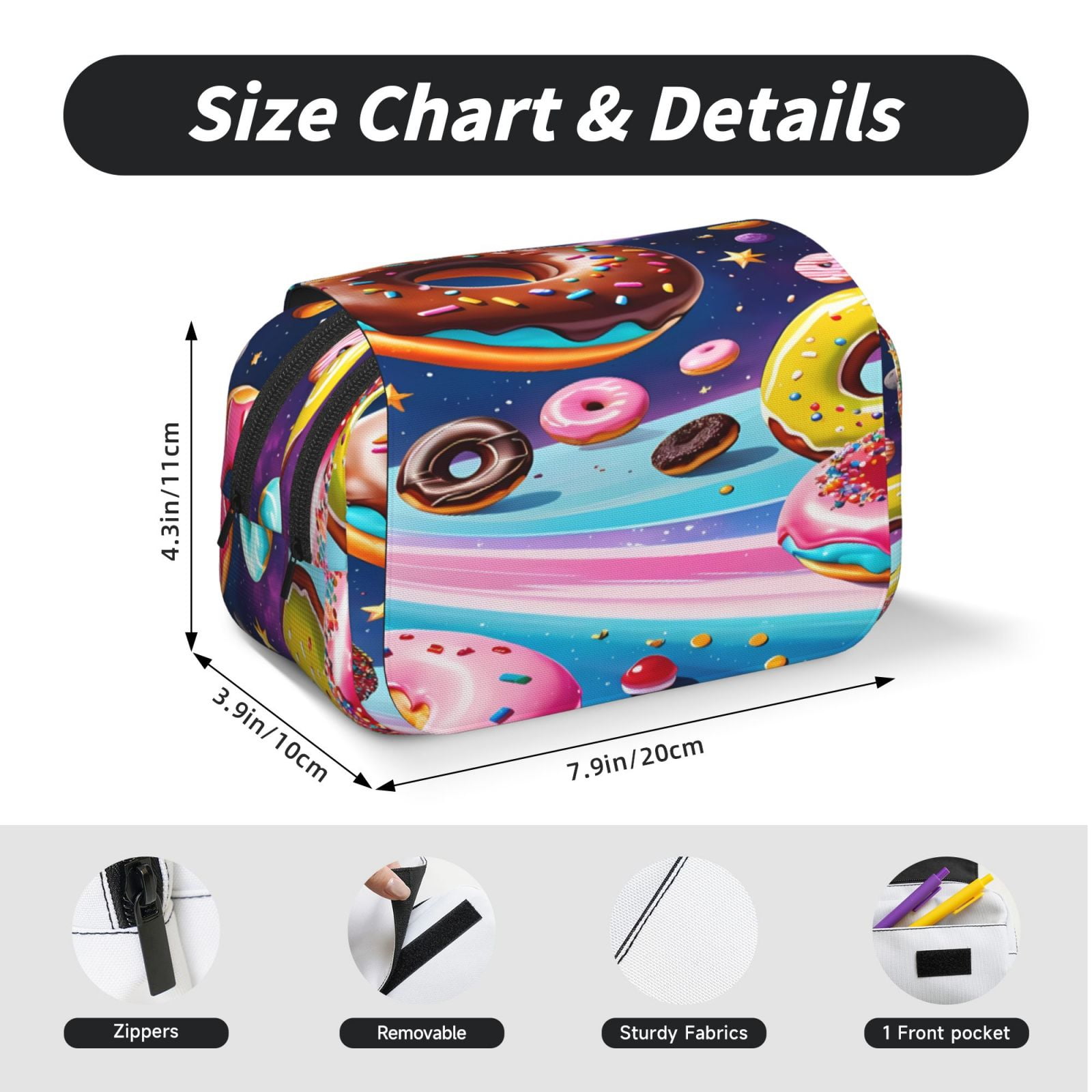 Rateoe Space Colorful Donut Pattern Double Clamshell Pen Case, Storage Organizer with Two Zipper Compartments– Holds Up to 50 Pencils & Pens