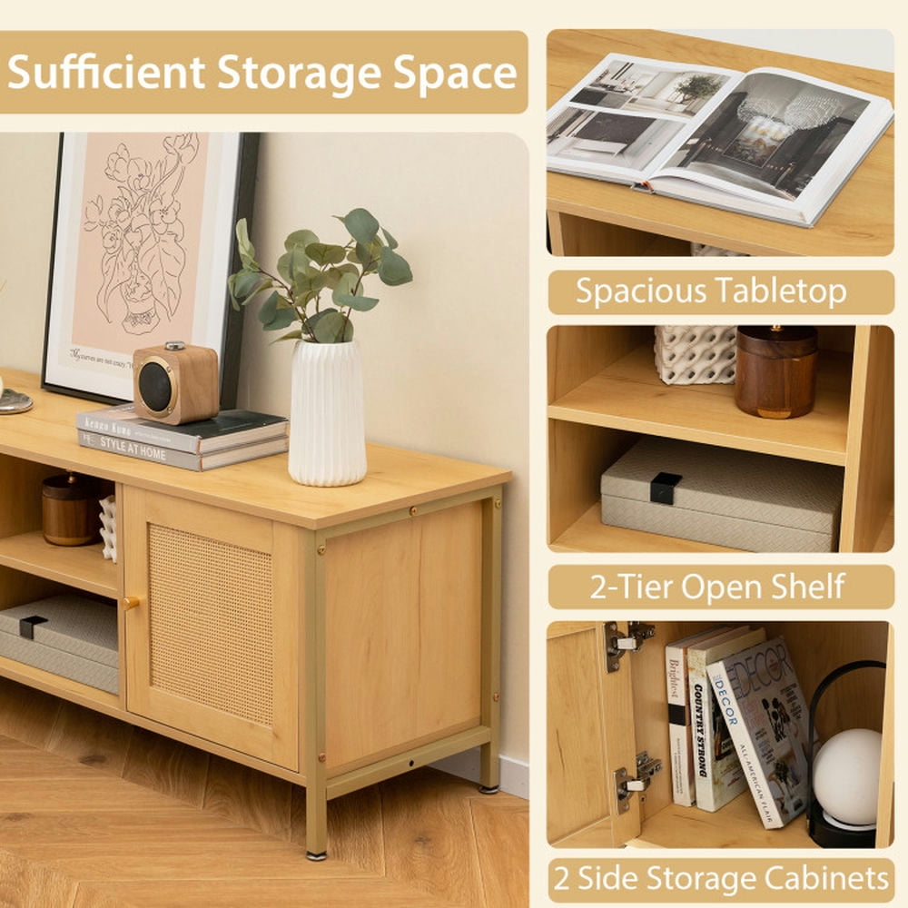 Finihen TV Stand, Entertainment Center, Boho TV Stand for TV up to 55 Inches with Faux Rattan Door, for Living Room, Natural