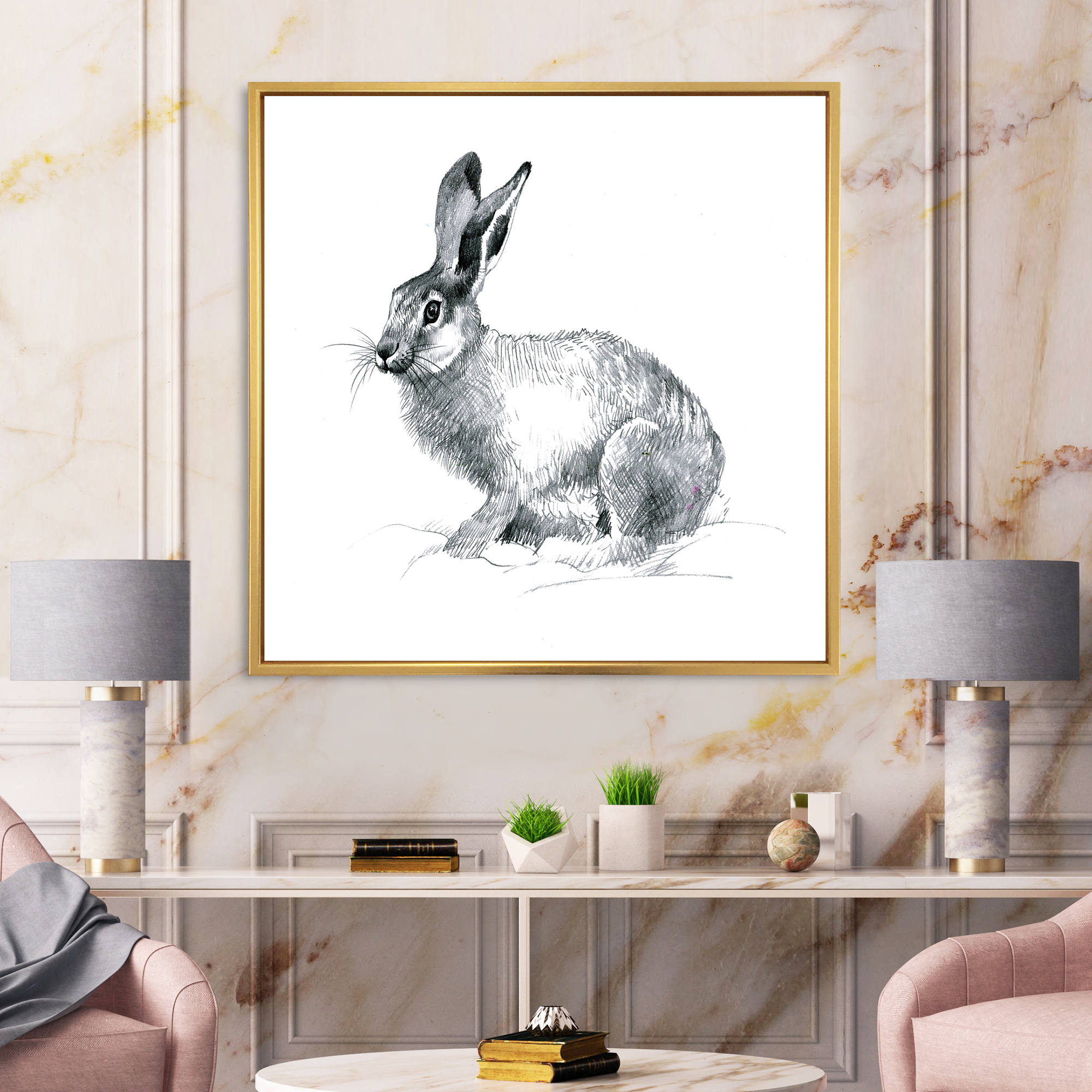 Designart 'Black and White Portrait Of Rabbit' Farmhouse Framed Canvas Wall Art Print