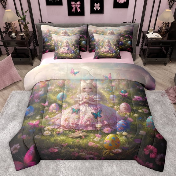 Feelyou Kawaii Anime Princess Twin Bedding Sets 7-Piece for Kid, Cartoon Easter Eggs Bedding Comforter Set, Sprint Butterfly Floral Reversible Sheet Sets, Ultra Soft Bedroom Decor