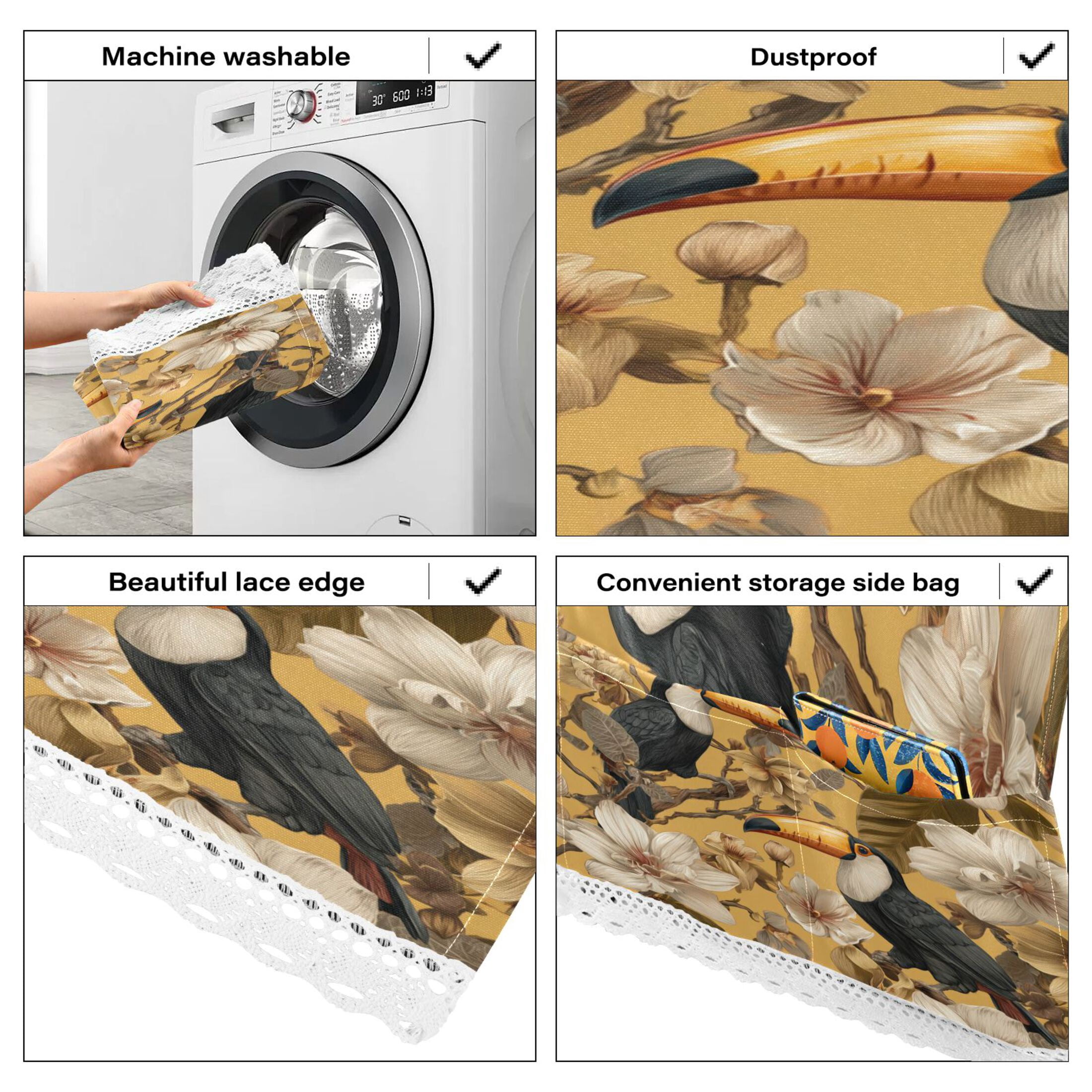 Wobogo Toucan Orchid Washing Machine Cover Dustproof Washer Dryer Cover Waterproof Laundry Room Decorative Protector