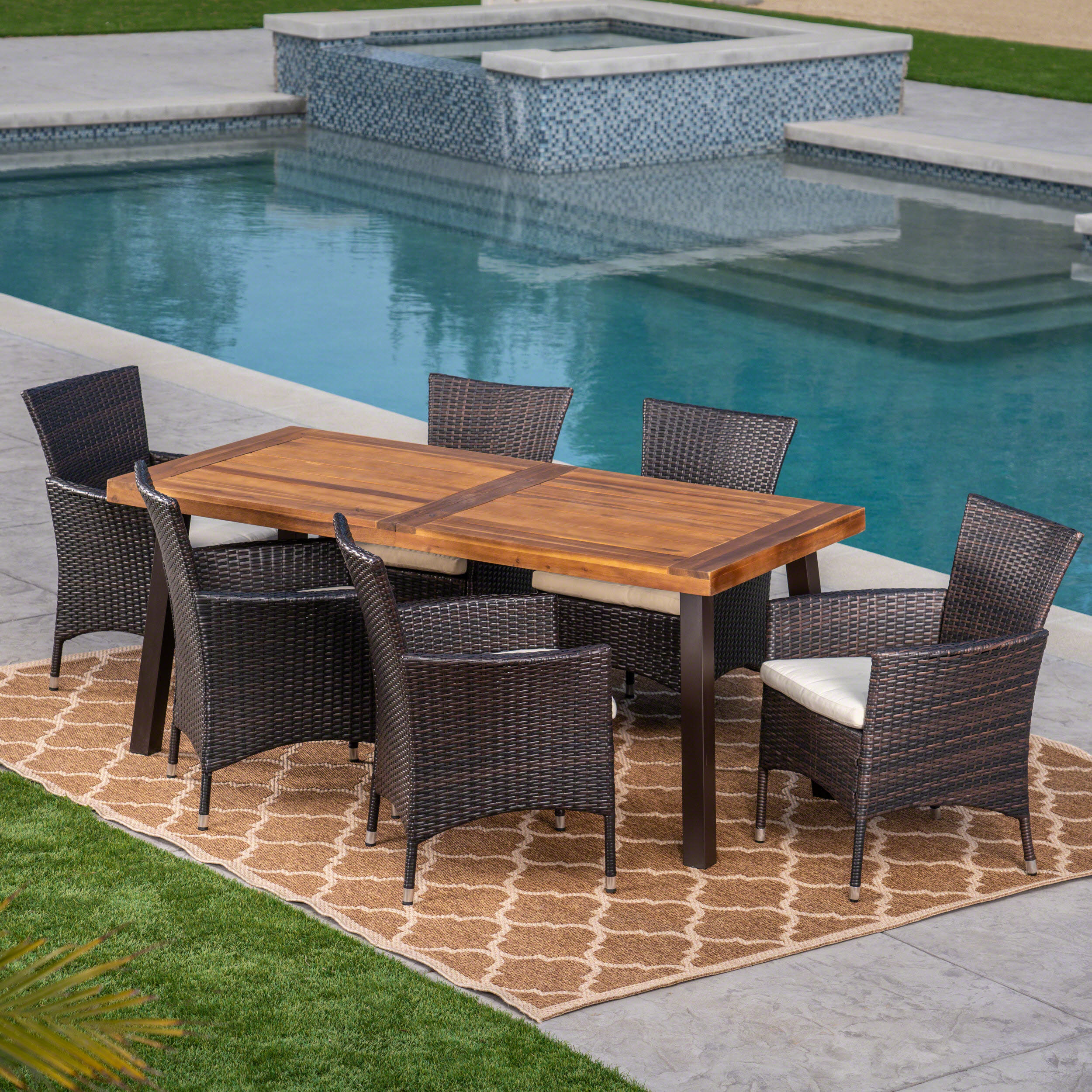 Outdoor 7 Piece Acacia Wood/Wicker Dining Set with Cushions, Multibrown, Beige, Teak - image 3 of 7