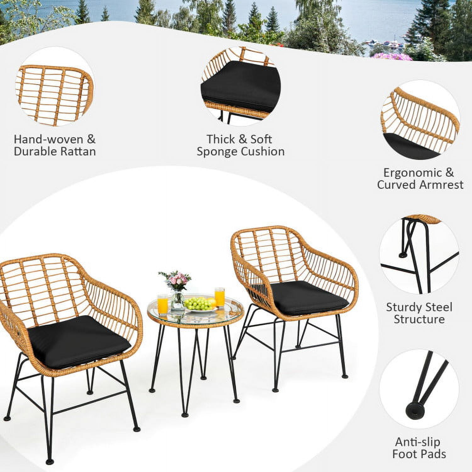 Aimee Lii 3 Pieces Rattan Furniture Set with Cushioned Chair Table, Outdoor Patio Furniture, Black Aimee Lii 3 Pieces Rattan Furniture Set with Cushioned Chair Table, Outdoor Patio Furniture, Black
