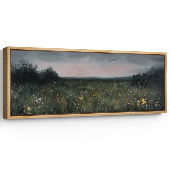 Large Framed Canvas Print Dark Green Nature Landscape with Sunset Sky Wall Art Decorative Ready to Hang Painting for Living room Bedroom - 60"x20" Natural Frame