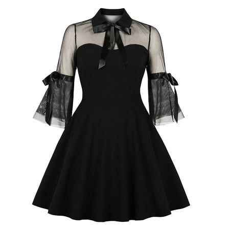 

✪ Women Gothic Bell Sleeves Black Swing Short Dress Sexy See-Through Mesh Patchwork Vintage Bow Knot Cocktail Clubwear