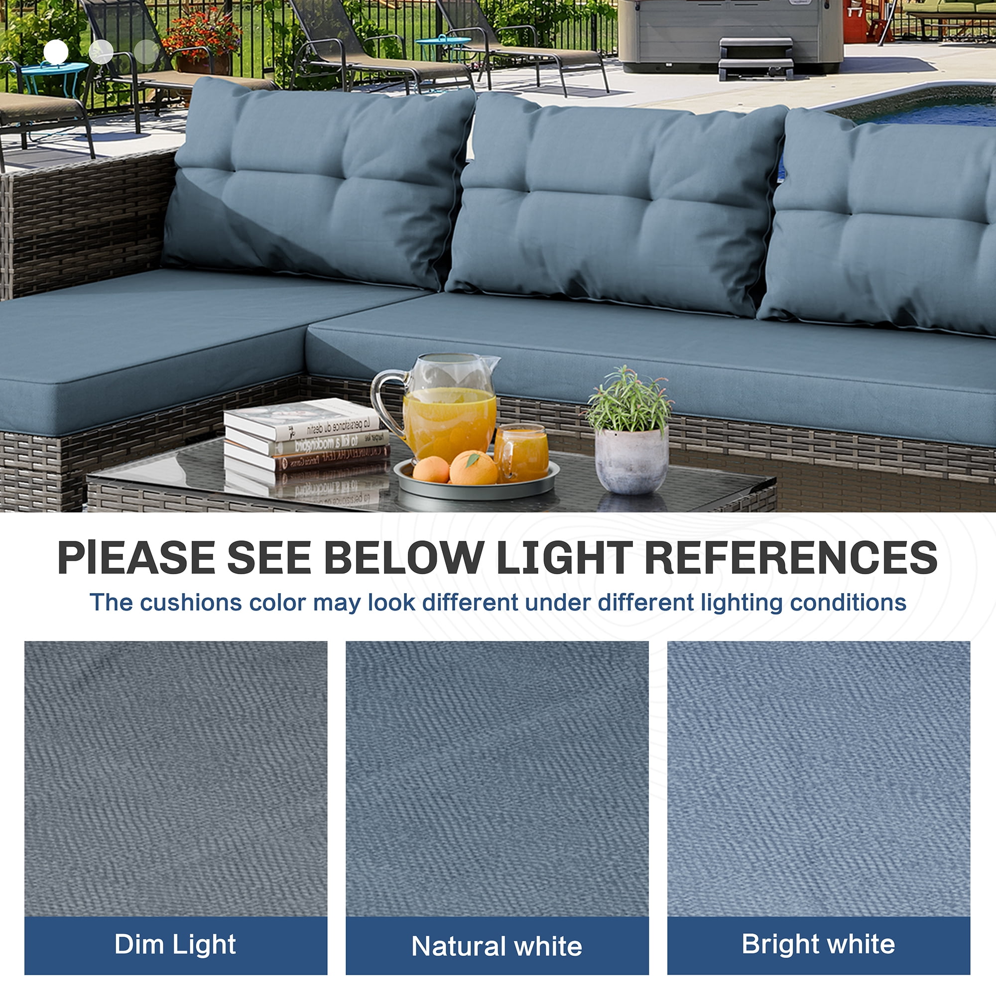 Walsunny 3 Pieces Patio Furniture Sectional Set, All-Weather Wicker Rattan Outdoor Furniture Set with Cushion and Glass Coffee Table, Patio Conversation Set for Garden, Backyard, Pool, Blue