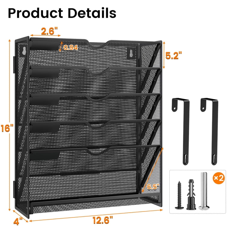Marbrasse 6-Tier Wall File Organizer, Black Steel photo 2