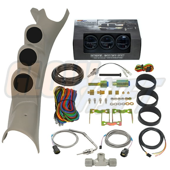 GlowShift | 3rd Gen 2003-2009 Dodge Ram 24 Valve Cummins Taupe Triple Pillar Pod with Tinted 7 Color Series 60 PSI Boost Gauge, 1500 Pyrometer EGT Gauge & Transmission Temperature Gauge