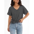 thumbnail image 4 of Womens V-Neck Shirts with Front Pocket Decoration Short Sleeve Solid Casual Loose Fit Trendy T-Shirt, 4 of 5