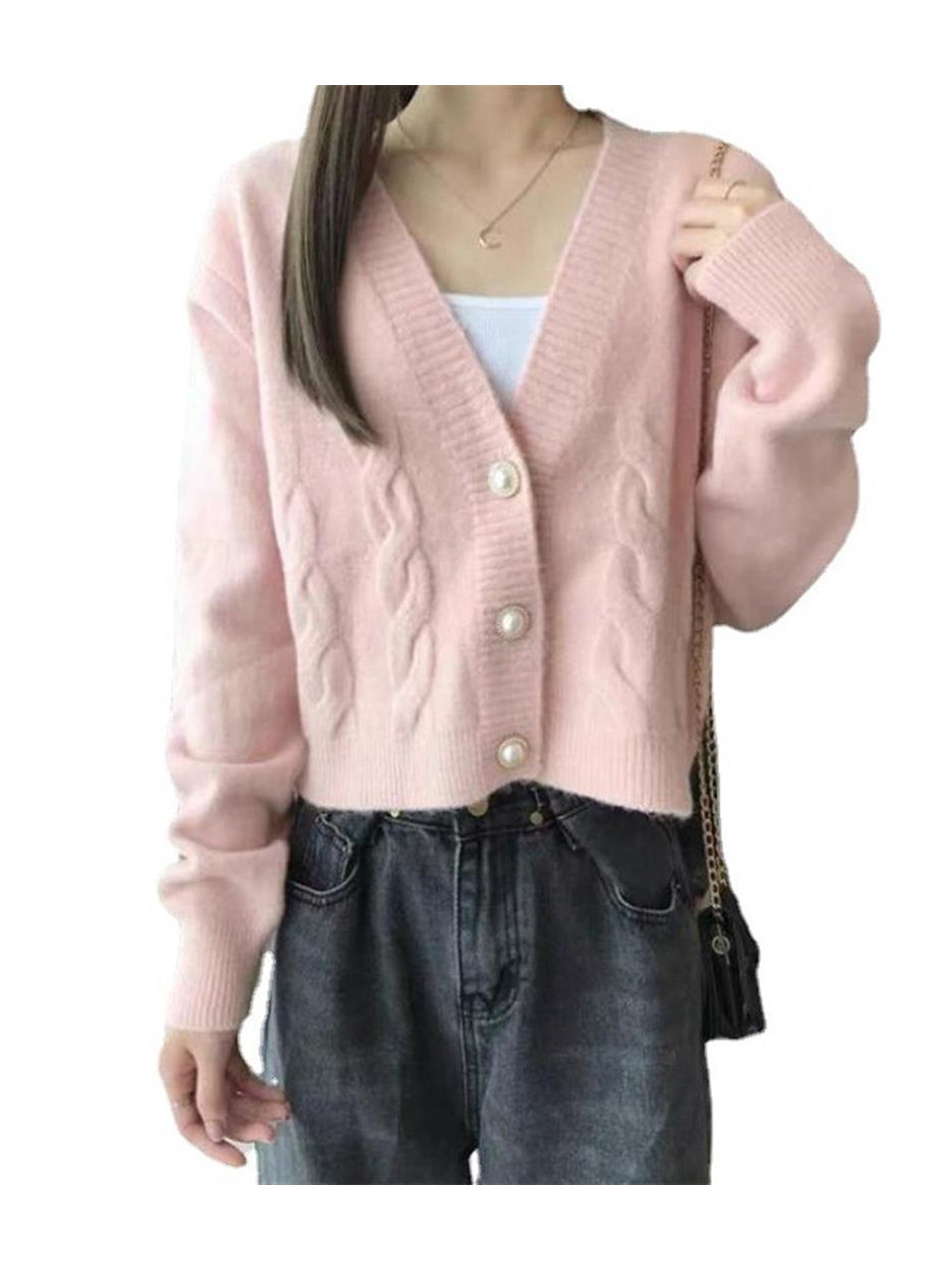 Cardigan Twist Knit Faux Pearl Buttons 
