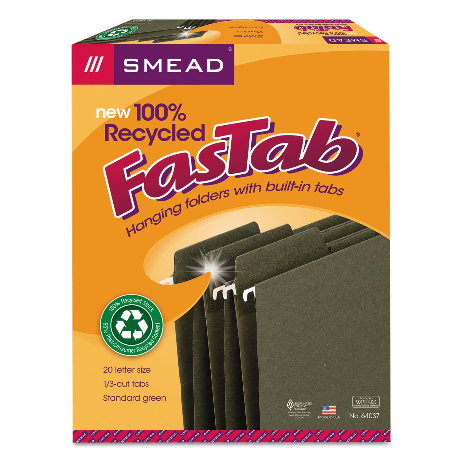 Smead 100% Recycled FasTabÂ® Hanging File Folder, 1/3-Cut Built-In Tab, Letter Size, Moss, 20 per Box (64037)