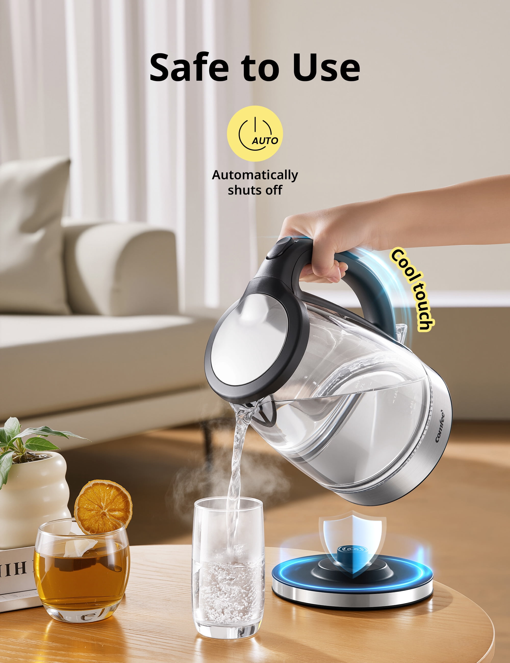 Comfee 1.7L Glass Electric Kettle with Auto Shut Off & Temperature Control