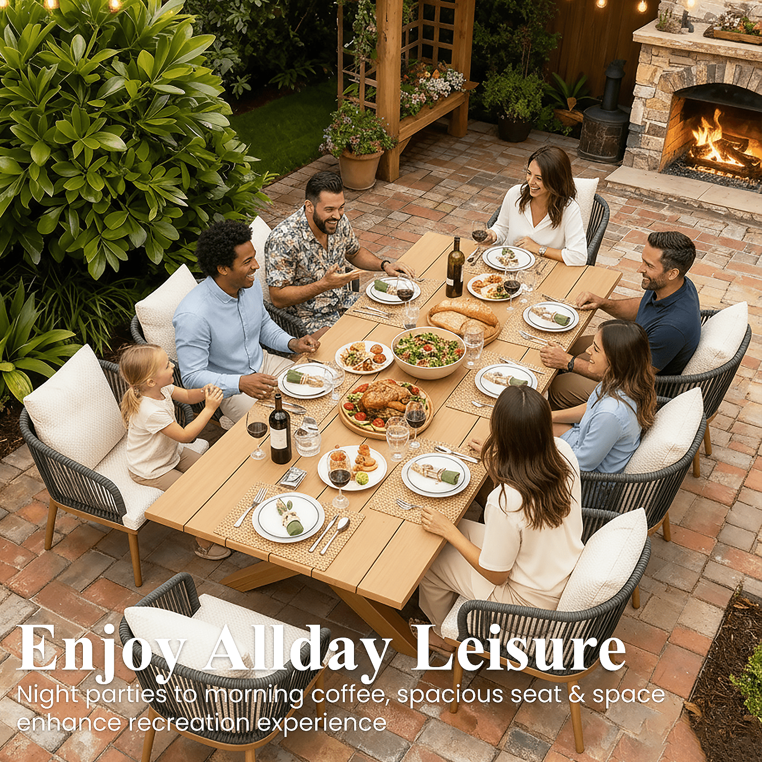 LayinSun 9 Pieces Outdoor Patio Dining Set, Aluminium Rectangular Dining Table and Wicker Rattan Chairs Set for Outside Backyard, Poolside