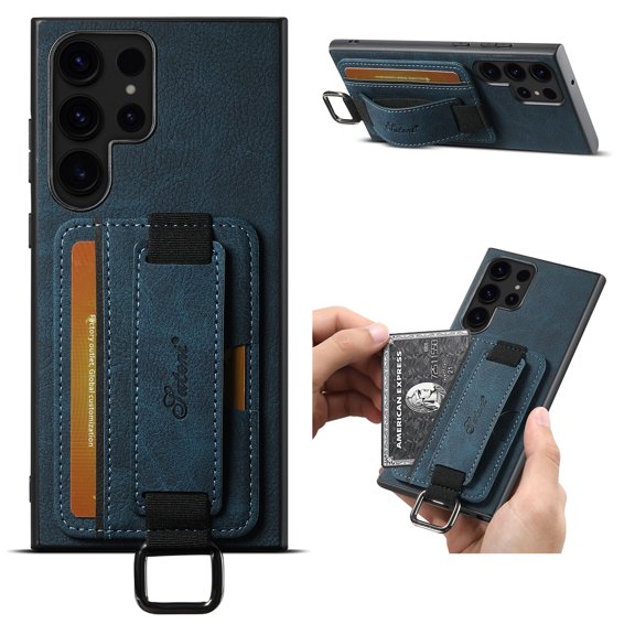 for Samsung Galaxy S24 Ultra PU Leather Card Slots Back Case, Classic Wristband Kickstand Finger Ring Shockproof Protective TPU Frame Case for Samsung Galaxy S24 Ultra Women Men Boys Girls, Blue