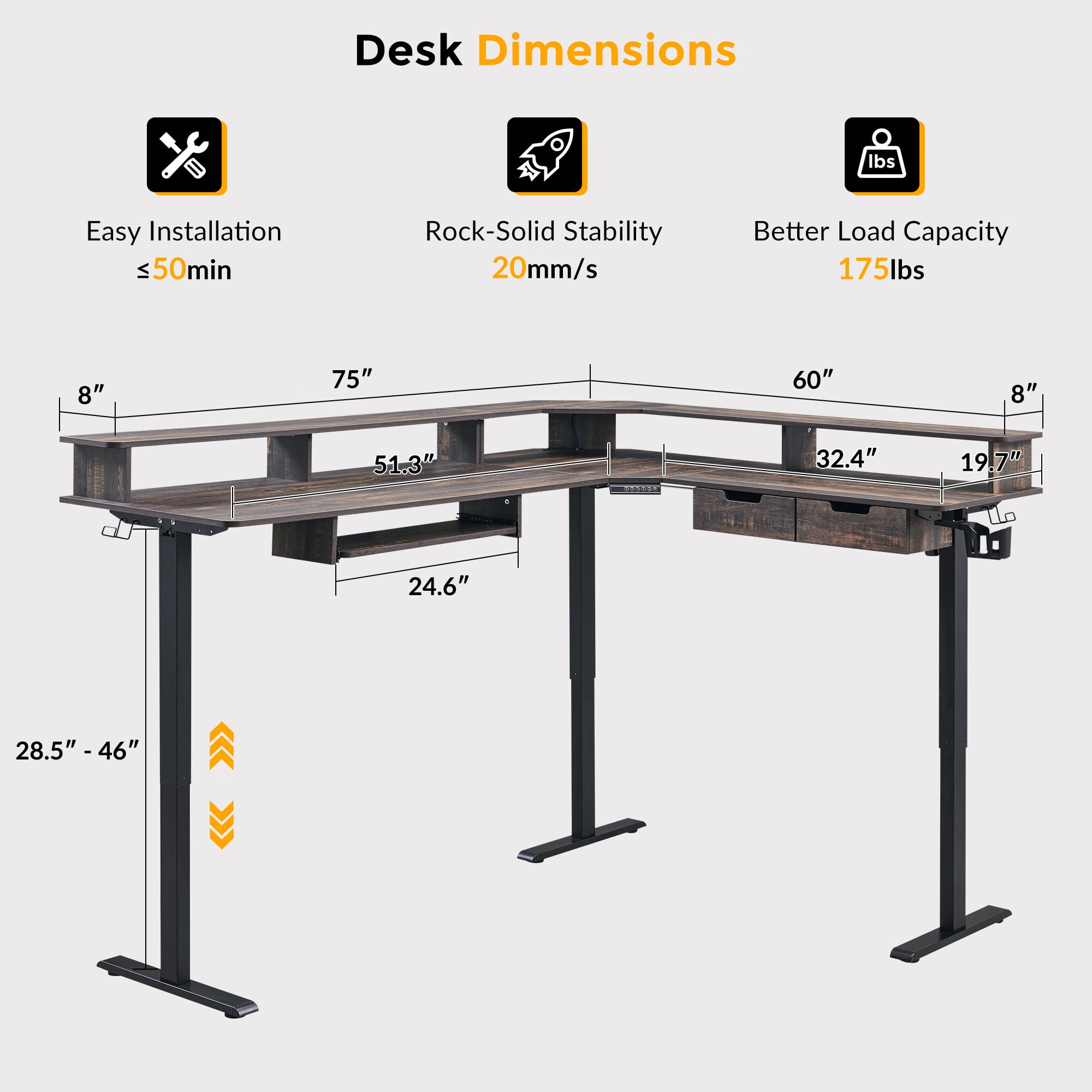 OKD 75" Electric Standing Desk with LED Strip & Power Outlets, L-Shaped Corner Desk with Shelves & Keyboard Tray, Adjustable Height Computer Desk, Dark Rustic Oak